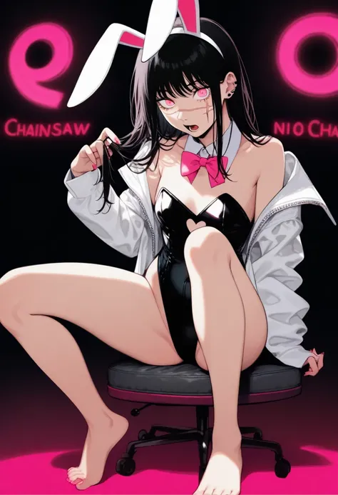 1girl, chainsaw man, rabbit hole (vocaloid), yoru (chainsaw man), absurdres, official art, solo, animal ears, bare legs, barefoot, black hair, black leotard, bow, bowtie, clothing cutout, cross scar, detached collar, fake animal ears, feet, heart cutout, j...