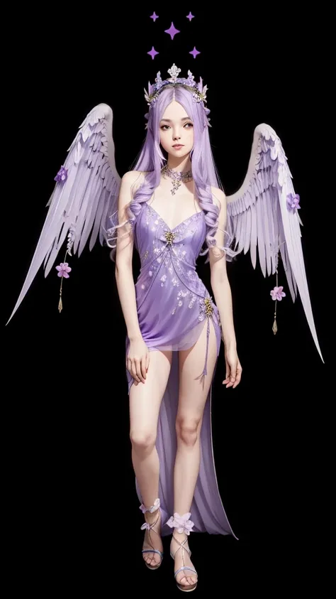 A cute thin girl with lilac long straight hair with lilac wings flowers on the wing crowns on her head with lilac stones, long lilac dress and lilac heels.