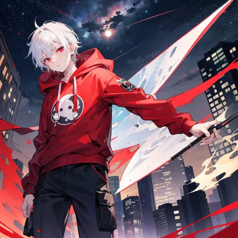 1 boy, short white hair, red eyes, wearing plain red hoodie, black cargo pants, city, night, moon and stars in sky, absurdres, high res, ultrasharp, 8K, masterpiece, looking at viewer