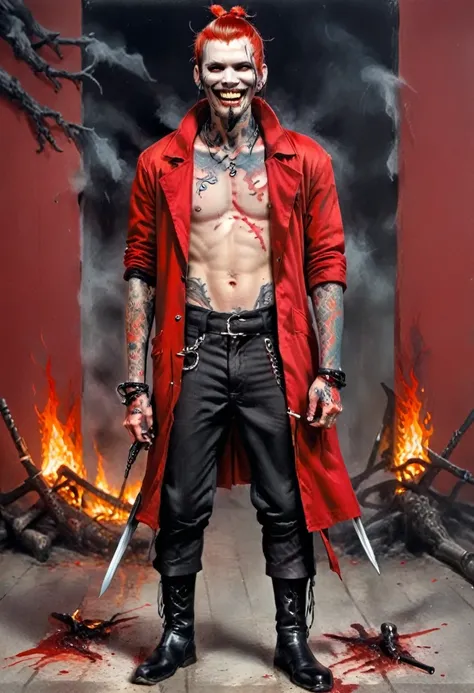 25 year old red man with pale white skin. his eyes are red and black with no trace of white, he has a bad smile and a terrifying look, he has blood around his mouth, he is athletic and he is dressed in a red sleeveless coat, and black pants and black boots...