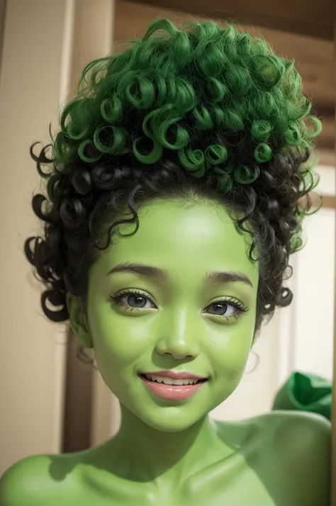 an emotion of fun mind with green skin and curly hair 