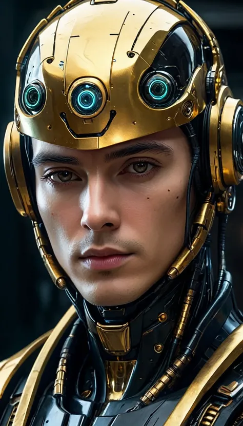 a close up of a robot with a futuristic look on his face, golden cap on head, portrait of an android, dark cyberpunk illustration, portrait of a cyberpunk cyborg, portrait of a space cyborg, detailed portrait of a cyborg, cyberpunk artstyle, portrait of a ...