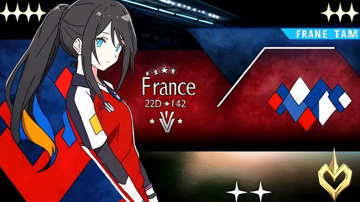 (anime,2d)women,soccer player,black fur,wide,fringe,collected in a ponytail,clear skin,light blue eyes,france national team clot...