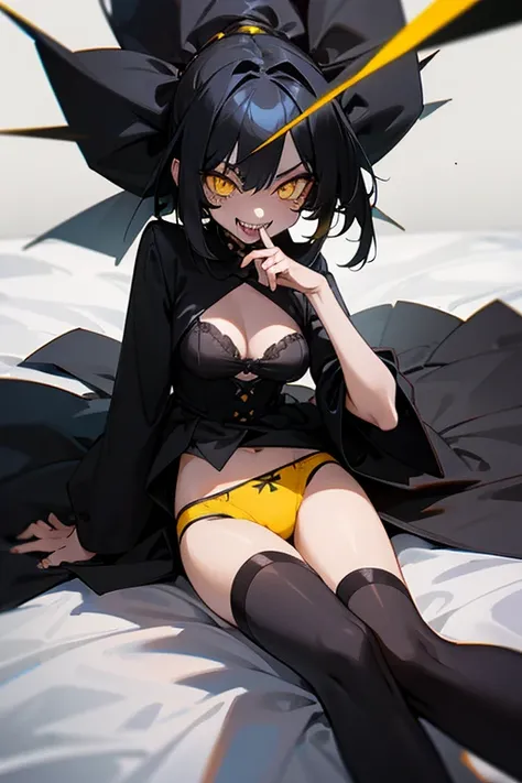 Girl with yellow eyes and x-shaped pupils,with black hair, black gown,With a macabre smile,with its mouth open showing its sharp teeth,with yellow panties,lying on the bed in bicycle position with her hand inside her panties 