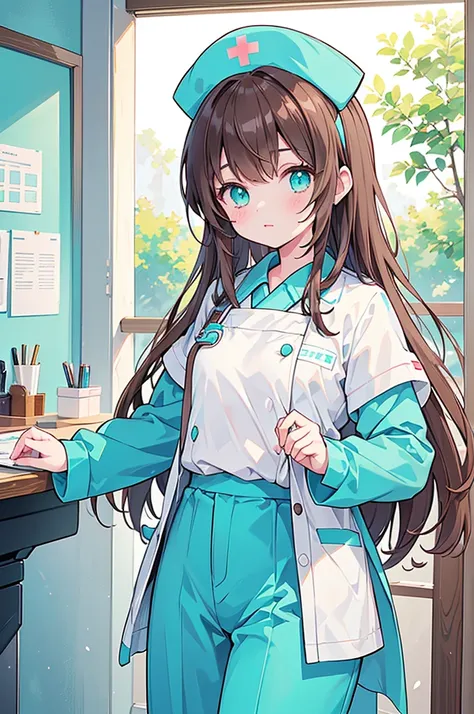 (score_9,score_6_up, score_5_up, score_4_up, masterpiece, best, quality, source_anime, highly detailed, 1girl, solo, brown hair, long hair, nurse cap, turquoise nurse uniform, turquoise pants)