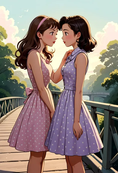 a A captivating and tender anime-style illustration of two women, in love, standing on a beautiful bridge facing each other. The first woman is a beautiful young woman with British (Anin) features, semi-long light brown hair held on one side by a delicate ...