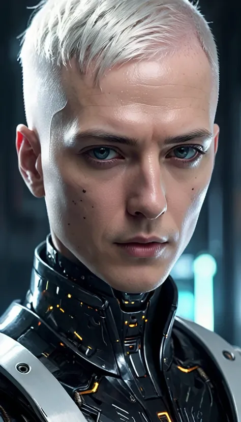 a close up of a robot with a futuristic look on his face, short white bald hair, portrait of an android, dark cyberpunk illustration, portrait of a cyberpunk cyborg, portrait of a space cyborg, detailed portrait of a cyborg, cyberpunk artstyle, portrait of...