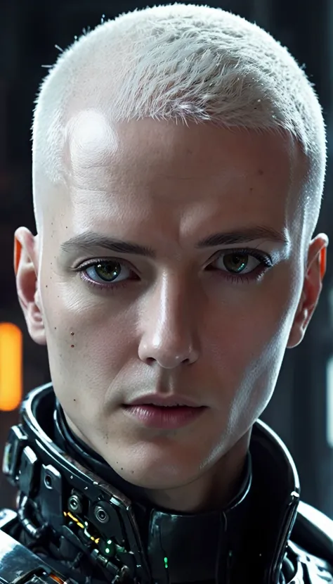 a close up of a robot with a futuristic look on his face, short white bald hair, portrait of an android, dark cyberpunk illustration, portrait of a cyberpunk cyborg, portrait of a space cyborg, detailed portrait of a cyborg, cyberpunk artstyle, portrait of...