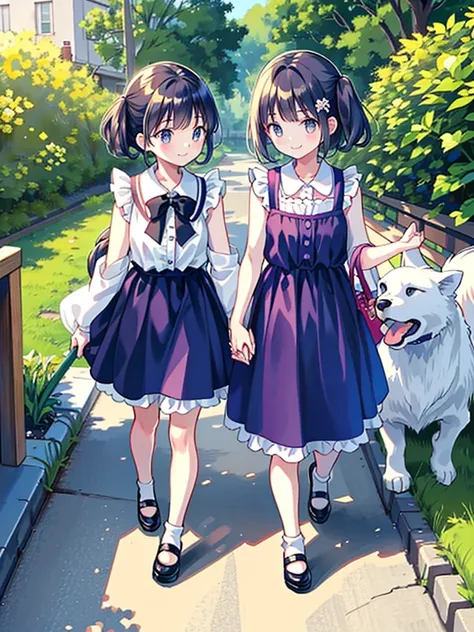 Two Girls、Very close sisters、Walk hand in hand、Having fun and being excited、They both walk with a bounce、Happy smile、A cute, cool sleeveless dress、Dogs walking side by side、(Quadrupedal Dog、Very large dog:1.4、Same height as her sister、Bushy white hairs、She...