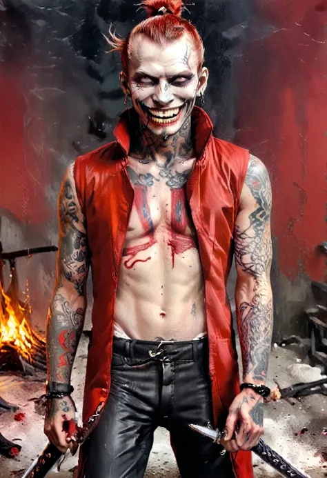 25 year old red man with pale white skin. his eyes are red and black with no trace of white, he has a sadistic smile and a terrifying look, he has blood around his mouth, he is athletic and he is dressed in a red sleeveless coat, and black pants and black ...