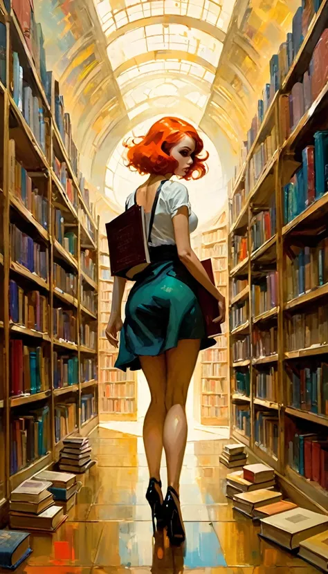 large library, huge shelves, dome, books and scrolls on the floor, a certain disorder, a sexy girl carries a very heavy load of books between its aisles, (art inspired by Bill Sienkiewicz). oil painting)
