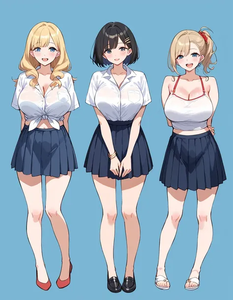 masterpiece, best quality, simple background, random hairstyle, large breasts,  summer, 3 girls, full body, skirt,
