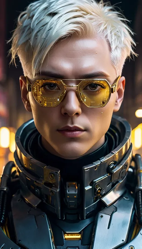 a close up of a robot with a futuristic look on his face, golden glasses, short white hair, calvo, portrait of an android, dark cyberpunk illustration, portrait of a cyberpunk cyborg, portrait of a space cyborg, detailed portrait of a cyborg, cyberpunk art...