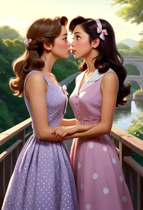 a A captivating and tender anime-style illustration of two women, in love, standing on a beautiful bridge facing each other. The first woman is a beautiful young woman with British (Anin) features, semi-long light brown hair held on one side by a delicate ...