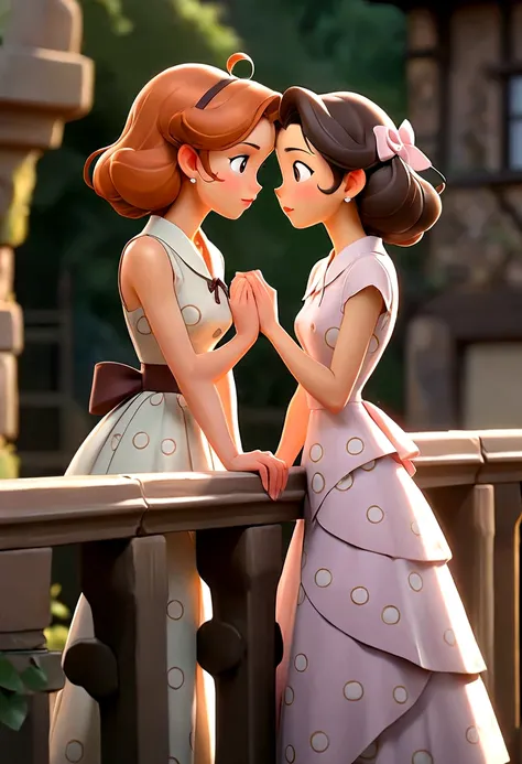 a A captivating and tender anime-style illustration of two women, in love, standing on a beautiful bridge facing each other. The first woman is a beautiful young woman with British (Anin) features, semi-long light brown hair held on one side by a delicate ...