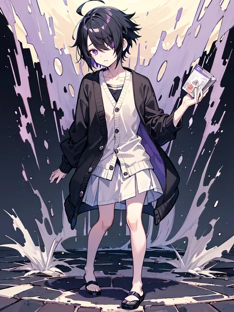 best quality, high quality, a boy, scared, ahoge, hair over one eye, otaku, Unobtrusive character, full body, black hair, very short hair, purple eyes, short stature, droopy eyes, underweight, cardigan, teenager