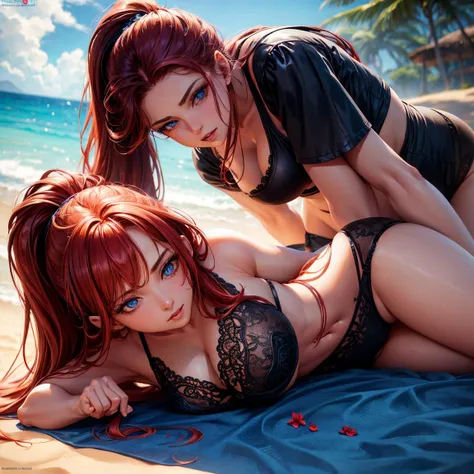 very old woman, 1girl, redhead ponytail hair, breasts, blue eyes, happy face, black bras and panties, full body, lying on the sand, beach, incredibly sexy body, detailed face, beautiful detailed eyes, beautiful detailed lips, extremely detailed eyes and fa...