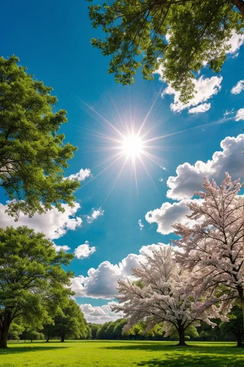 Some relaxing natural beautiful flowers trees and sky with clouds and sun