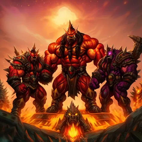 hyper muscular green orc, two arms, wearing a leather harness, battle-worn, glowing red eyes, aggressively flexing, hyper penis, erect penis, big balls, Blizzard Entertainment, detailed skin, skin blemishes, Warcraft, background horde city, orgrimmar, back...