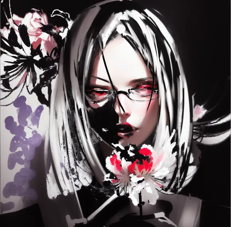 Painting of a woman with glasses and a flower in her hair, in the style of black and white graphics, Girl with flowers, graphic style, female portrait with flowers, expressive digital painting, Spider lily, Flowerpunk, based on Emily Shanks, digital painti...