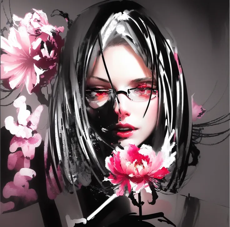 Painting of a woman with glasses and a flower in her hair, in the style of black and white graphics, Girl with flowers, graphic style, female portrait with flowers, expressive digital painting, Spider lily, Flowerpunk, based on Emily Shanks, digital painti...