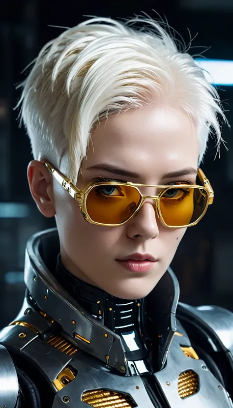 a close up of a robot with a futuristic look on his face, sunglasses with gold frames, very short white hair, calvo, portrait of an android, dark cyberpunk illustration, portrait of a cyberpunk cyborg, portrait of a space cyborg, detailed portrait of a cyb...