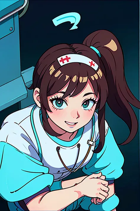 (score_9,score_6_up, score_5_up, score_4_up, masterpiece, best, quality, source_anime, highly detailed, 1girl, solo, brown hair, long hair, nurse cap, turquoise nurse uniform, turquoise pants, squatting, white socks, sandals, happy, in the hospital)