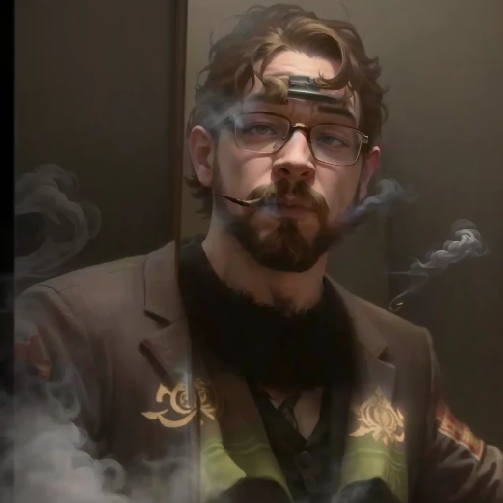 there is a man with glasses and a beard standing in front of a mirror, sam hyde in god of war 4, sam hyde, in front of smoke behind, transparent smoke from hell, thick dark smoke!, smogpunk, smoke is flowing, portrait of sam hyde, low quality video, while ...