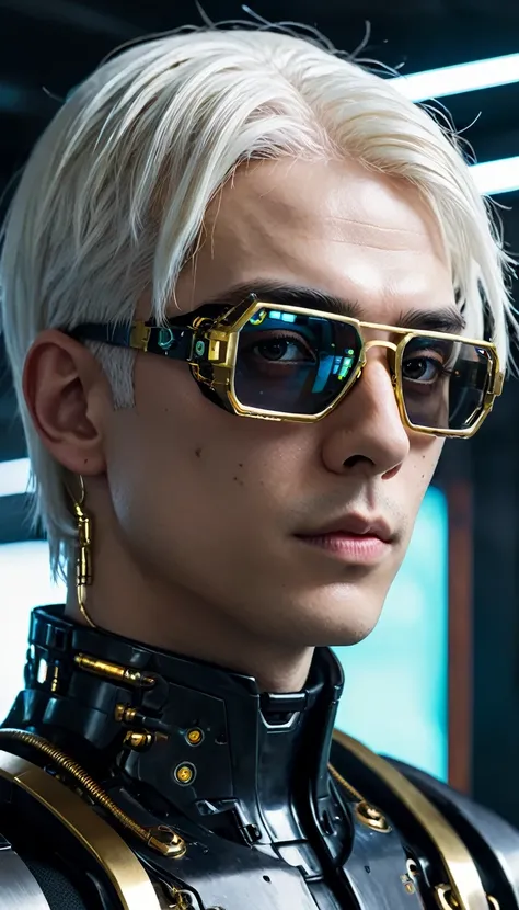 a close up of a robot man with a futuristic look on his face, black glasses with gold frames, little white hair, calvo, portrait of an android, dark cyberpunk illustration, portrait of a cyberpunk cyborg, portrait of a space cyborg, detailed portrait of a ...