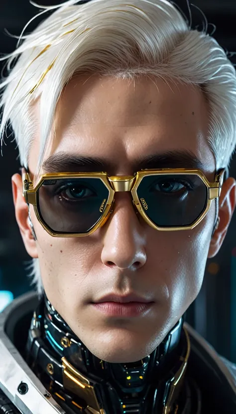 a close up of a robot man with a futuristic look on his face, black glasses with gold frames, little white hair, calvo, portrait of an android, dark cyberpunk illustration, portrait of a cyberpunk cyborg, portrait of a space cyborg, detailed portrait of a ...