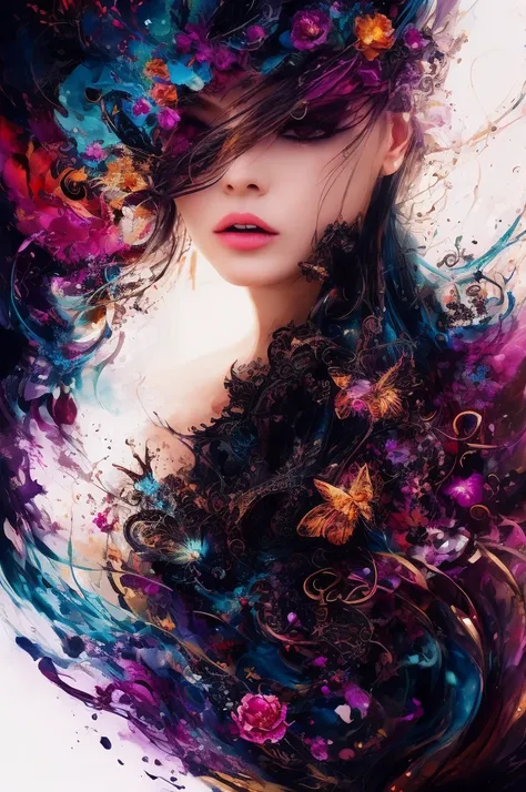 Colorful beautiful woman: Black ink flow: 8k resolution photorealistic masterpiece: by Aaron Horkey and Jeremy Mann: intricately detailed fluid gouache painting: by Jean Baptiste Mongue: calligraphy: acrylic: watercolor art, professional photography, natur...