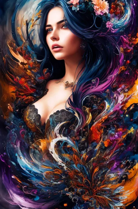 Colorful beautiful woman: Black ink flow: 8k resolution photorealistic masterpiece: by Aaron Horkey and Jeremy Mann: intricately detailed fluid gouache painting: by Jean Baptiste Mongue: calligraphy: acrylic: watercolor art, professional photography, natur...