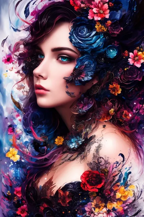 Colorful beautiful woman: Black ink flow: 8k resolution photorealistic masterpiece: by Aaron Horkey and Jeremy Mann: intricately detailed fluid gouache painting: by Jean Baptiste Mongue: calligraphy: acrylic: watercolor art, professional photography, natur...