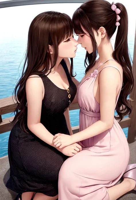 a A captivating and tender anime-style illustration of two women, in love, standing on a beautiful bridge facing each other. The first woman is a beautiful young woman with British (Anin) features, semi-long light brown hair held on one side by a delicate ...