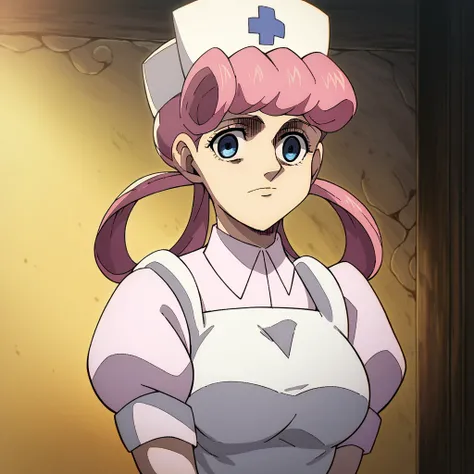 shingeki_no_kyojin_s4_style, portrait, solo, eppknursejoy, pink hair, blue eyes, long hair, large breasts, hair rings, bumper bangs, looking at viewer, hat, dress, closed mouth, short sleeves, puffy sleeves, apron, puffy short sleeves, nurse cap, nurse,