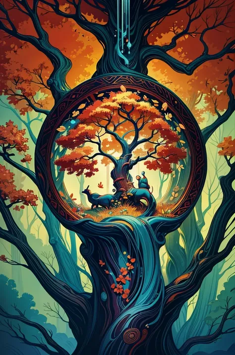 circular tree,four seasons,spring,summer,autumn,winter,leaves,roots,branches,trunk,ornate border,decorative,digital illustration,artwork,movement,time,swirling background,dark background,vibrant colors,natural,life cycle,growth,change,nature,life,peace,har...