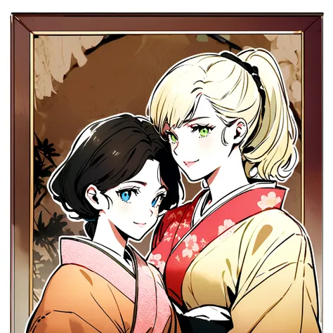 old photo from 1945 of (german woman, age 25, green eyes detailed wavy blonde hair with ponytail , heartthrob style, Grinning, wearing a burnt kimono, torn and crooked), beside (1womanl, japanese,18-years old, blue eyes,  black hair, wearing a crooked kimo...