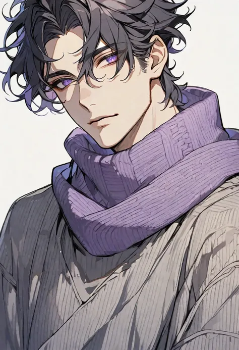 Male, solo, handsome, purple scarf, black hair, violet eyes, grey sweater