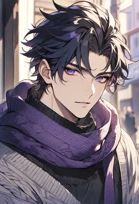 Male, solo, handsome, purple scarf, black hair, violet eyes, grey sweater