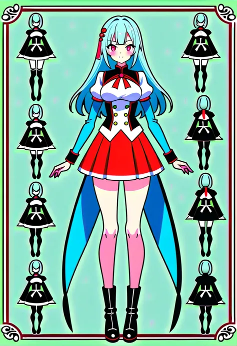 anime - style image of a character with a variety of hair and accessories, anime set style, anime character reference sheet, fantasy uniform, flat anime style, anime full body illustration, full_body!!, complete detailed body, extra detailed body, anime vt...