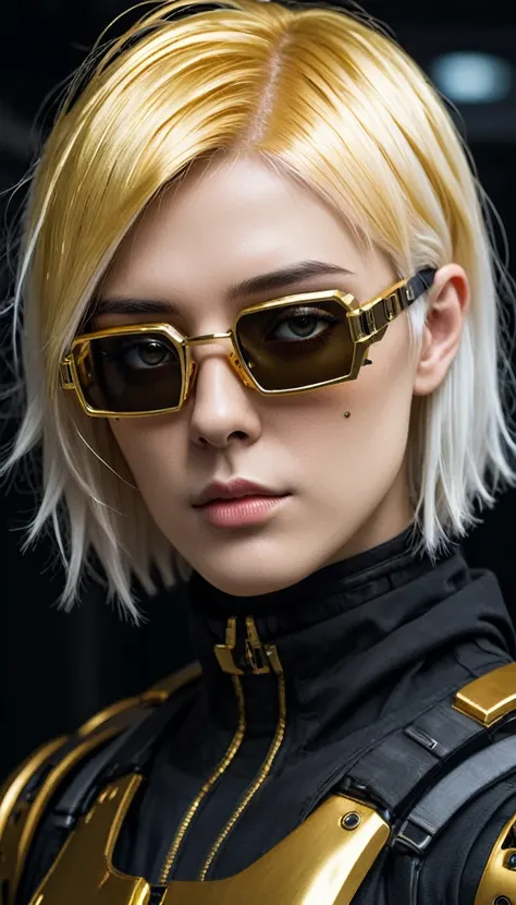 a close up of a robot man with a futuristic look on his face, black glasses with gold frames, Golden hood and short white hair, calvo, portrait of an android, dark cyberpunk illustration, portrait of a cyberpunk cyborg, portrait of a space cyborg, detailed...