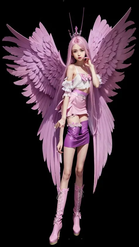 A beautiful slim girl with big pink and lilac colored wings, lilac long hair, um cropped Rosa curto, a short pink skirt and small pink boots.