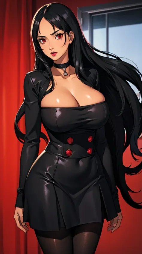 1girl, milf, large face, red eyes, long hair, forehead, black hair, black choker, huge breast, red dress, bandeau, lipstick thicc legs, pantyhose, cowboy shot