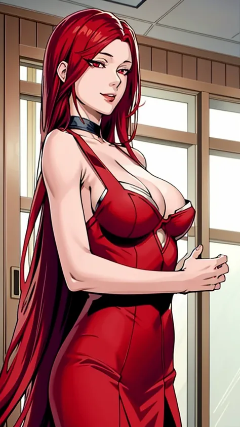 1girl, female gojo satoru, anime screencap from jujutsu kaisen, gojo satoru female version, solo, very long_hair, red eyes ((red_hair)), night view, breasts, upper_body, smile, indoors, book, bangs, red_eyes, lips, ((her hairstyle : The character in the im...