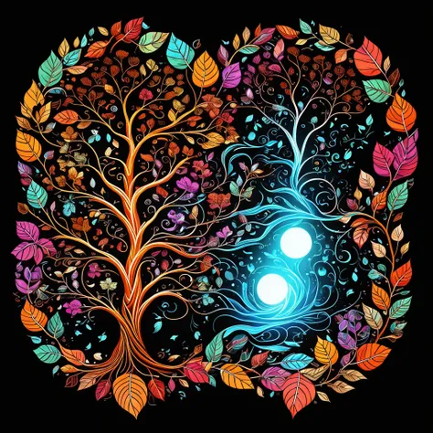 circular tree,four seasons,spring,summer,autumn,winter,leaves,roots,branches,trunk,ornate border,decorative,digital illustration,artwork,movement,time,swirling background,dark background,vibrant colors,natural,life cycle,growth,change,nature,life,peace,har...