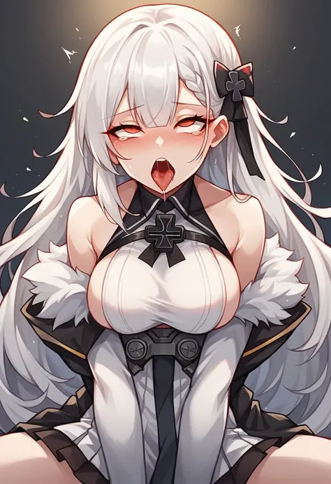 anime girl with long white hair and black and white outfit, ahegao, azur lane style, white haired deity, from girls frontline, white-haired, white haired, ahegao face, shikamimi, from the azur lane videogame, girl with white hair, girls frontline style, ch...