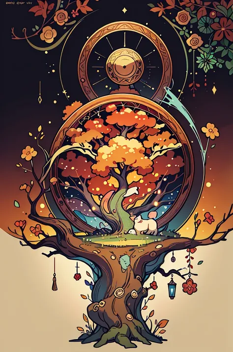 circular tree,four seasons,spring,summer,autumn,winter,leaves,roots,branches,trunk,ornate border,decorative,digital illustration,artwork,movement,time,swirling background,dark background,vibrant colors,natural,life cycle,growth,change,nature,life,peace,har...