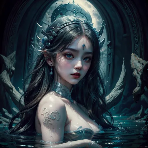 Nude woman, standing next to a pond, gothic fantasy art, Liu Zi, in low style, female dwarven woman, in a style of hyperrealism, Moonlight shining, pale light skin, Chinese princess, her irises, John Stevens, Utopian art, kids, Nude woman, standing in a bo...