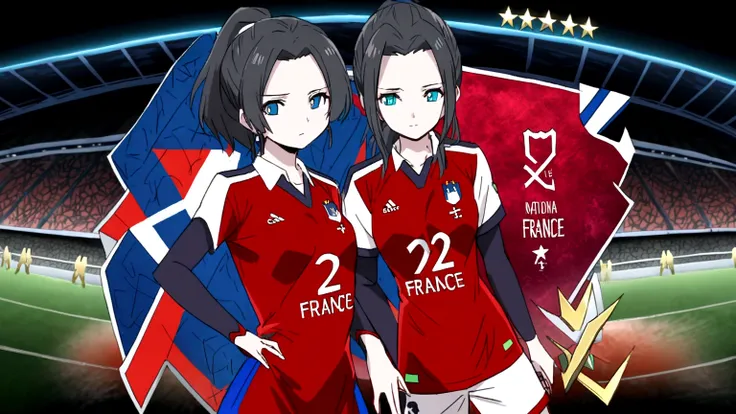 (anime,2d)women,soccer player,black fur,wide,fringe,collected in a ponytail,clear skin,light blue eyes,france national team clot...