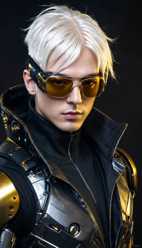 um close up de um homem robô, black sunglasses, Golden hood on head and white hair, calvo, portrait of an android, dark cyberpunk illustration, portrait of a cyberpunk cyborg, portrait of a space cyborg, detailed portrait of a cyborg, cyberpunk artstyle, p...